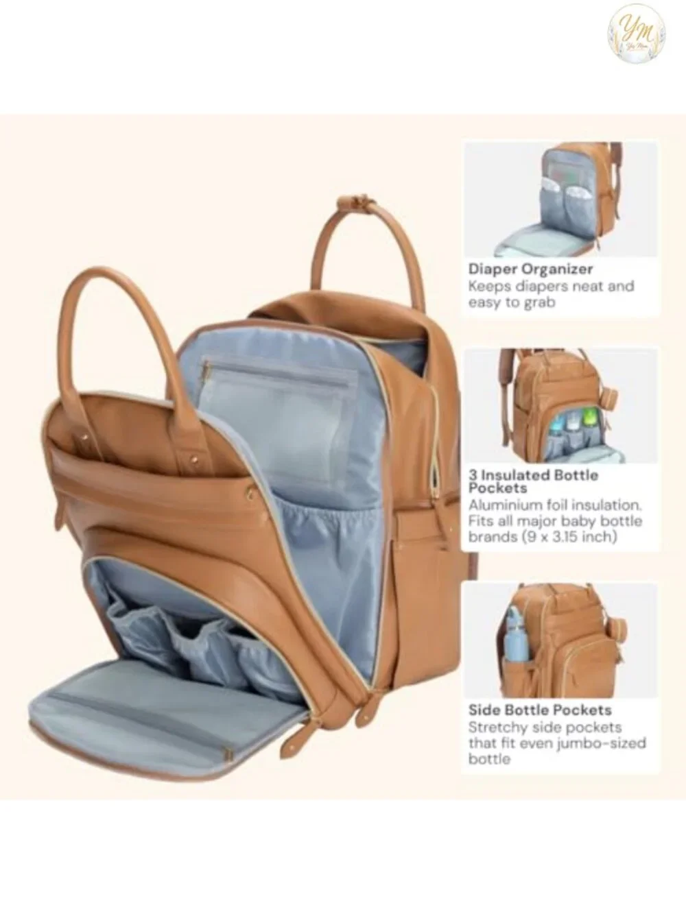 Vegan Leather Diaper Bag Backpack with Changing Pad & Stroller Straps